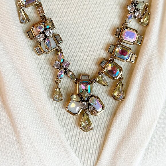 J. Crew Statement Necklace w Iridescent & Teardrop Crystals Antique Gold Tone - Picture 2 of 11